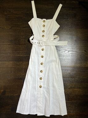 Forever 21 White Linen Blend Button Front Belted Midi Dress Small
